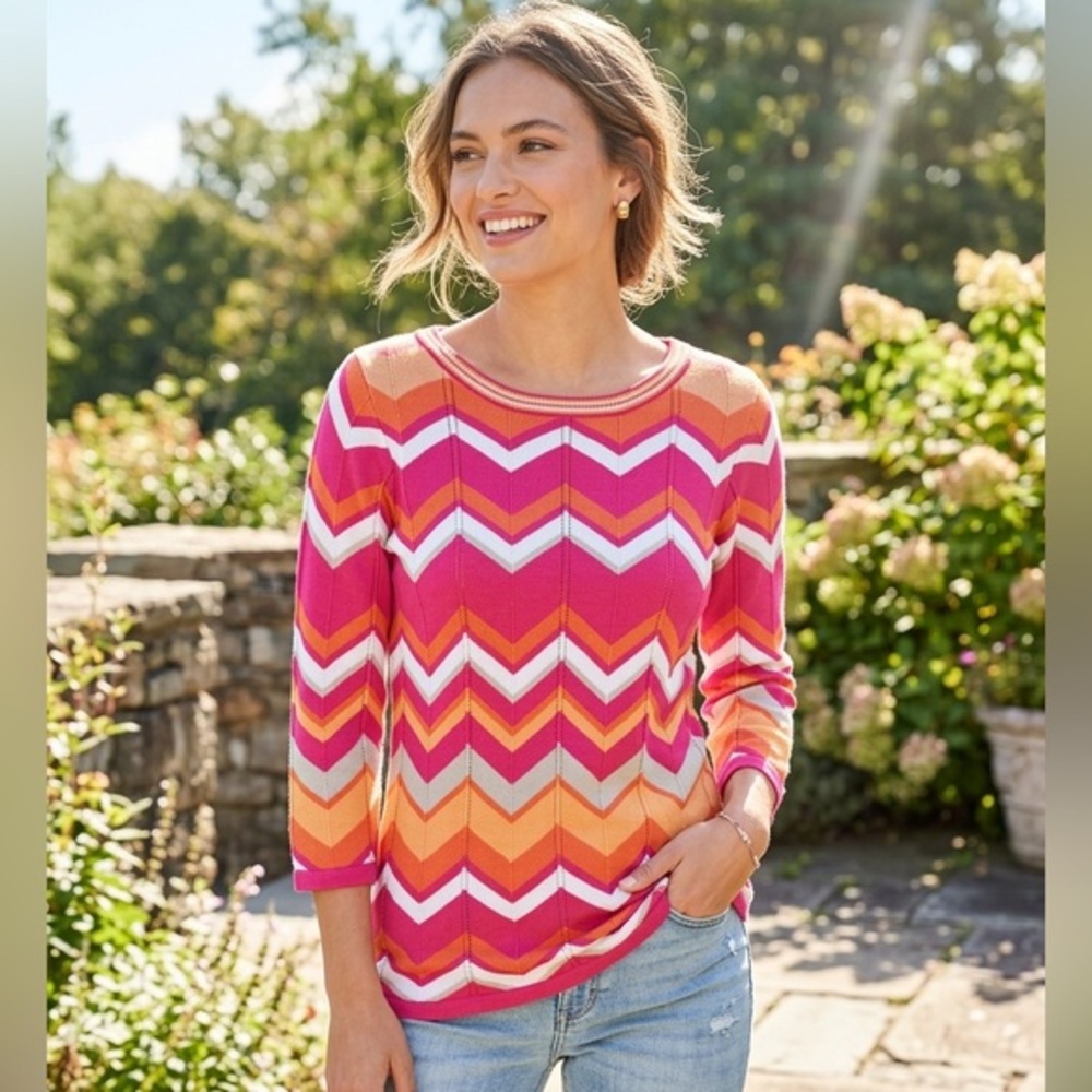 Susan Graver Chevron Knit Boat Neck‎ Light Sweater S Coastal Preppy Maximalist
